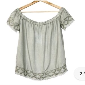 Anthropologie Green Off-Shoulder Blouse with Embroidery
